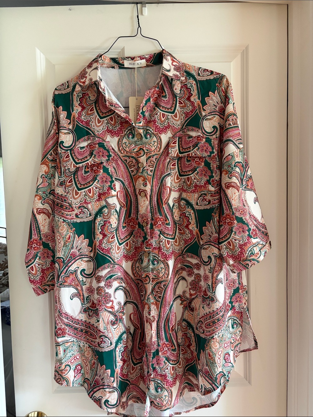 Paisley Shirt Dress/Coverup in Green and Pink - Picture 2 of 9